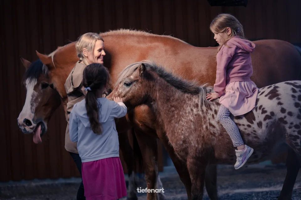 Kinder und eine Frau begegnen Pferden und Ponys in ruhiger Nähe